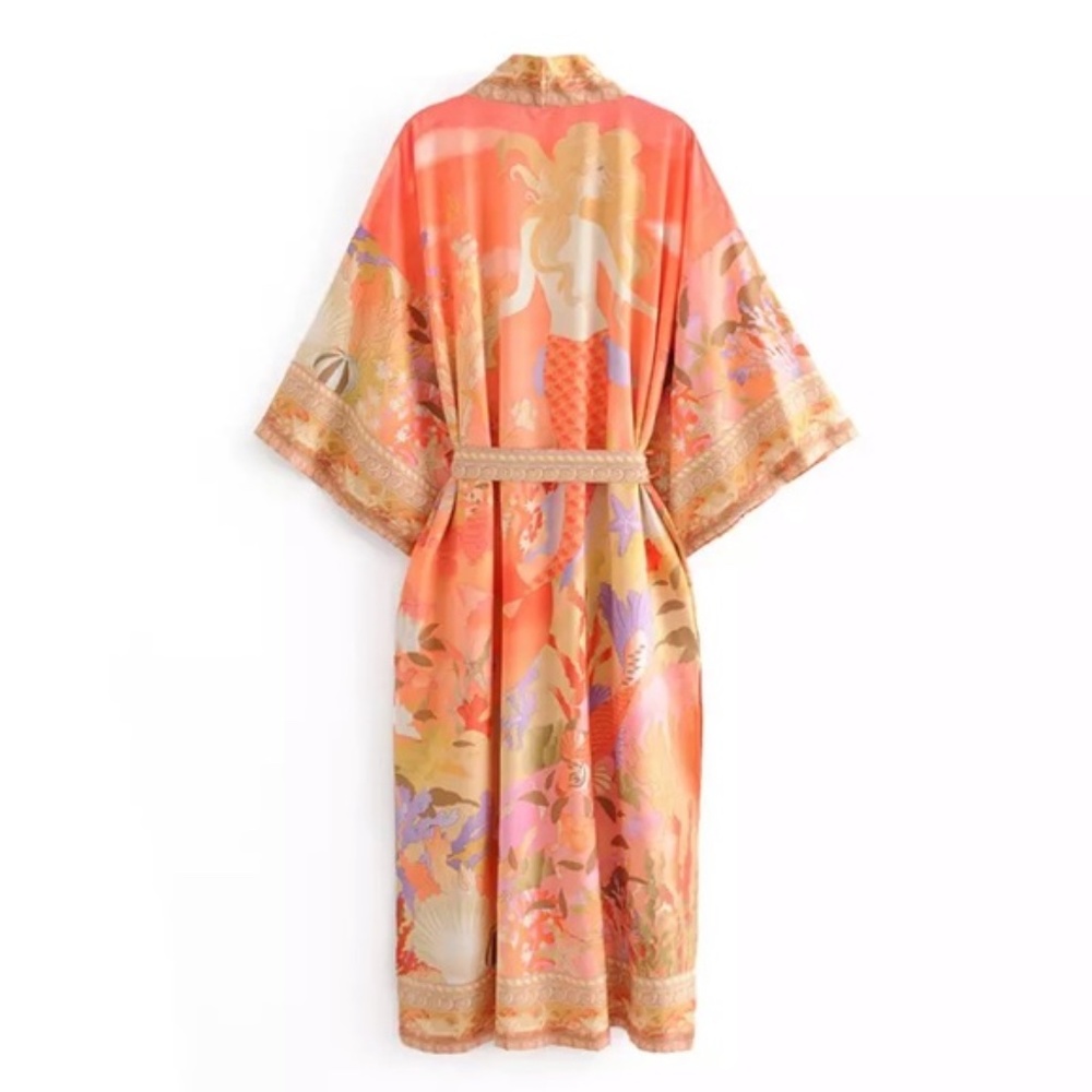 Bohemian Gypsy Orange Mermaid Print Kimono Cardigan Cover up - Picture 9 of 11